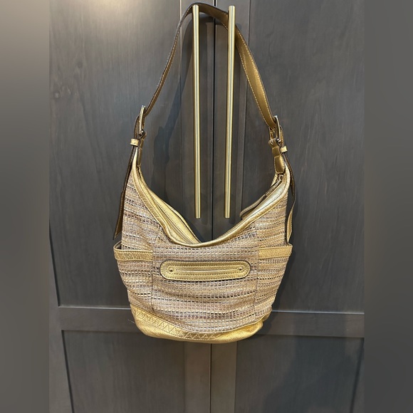 B. Makowsky tweed purse in gold, tan, grey with gold shimmer threading. … - Picture 1 of 11